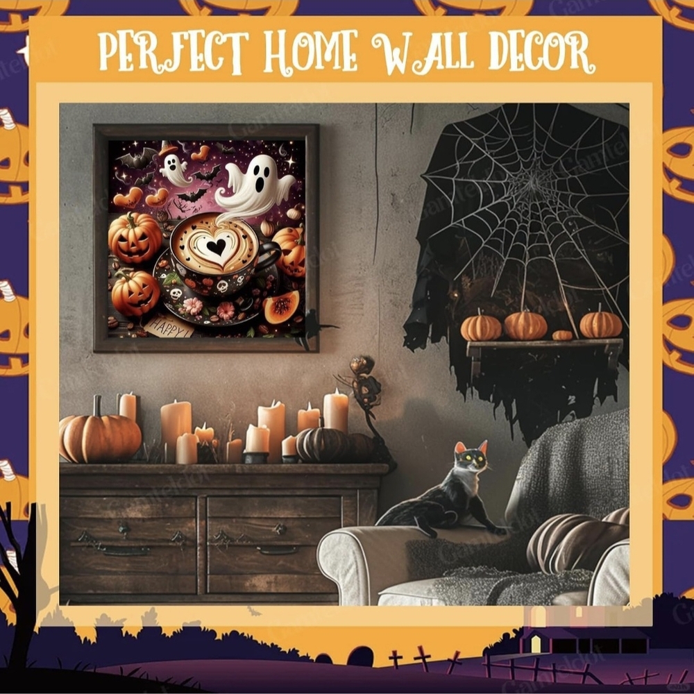 Halloween Pumpkin Spice Latte Ghosts 5D Diamond Painting Kit New - Picture 2 of 7